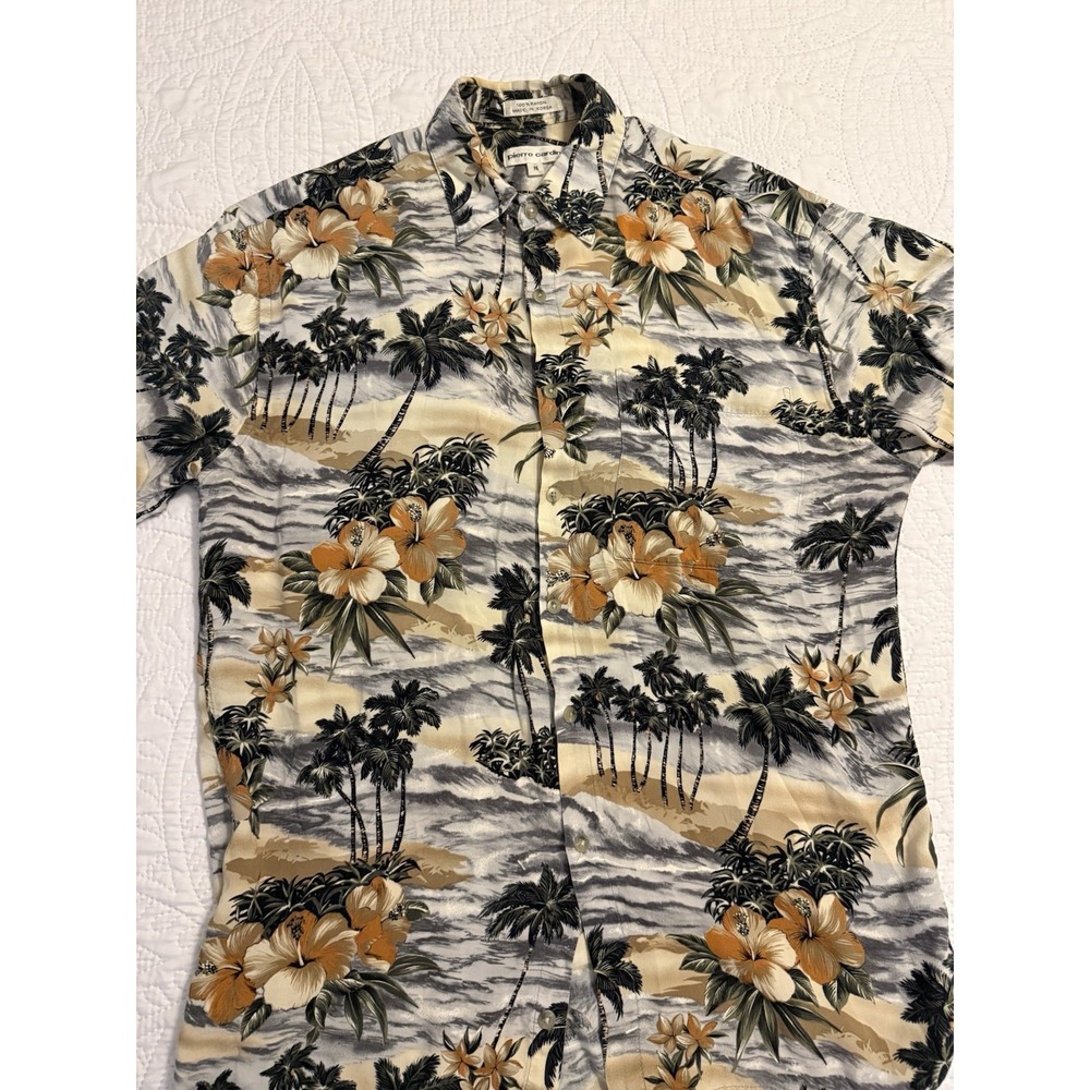 VINTAGE Pierre Cardin Shirt Mens Medium Brown Button Up Hawaiian Camp Adult
